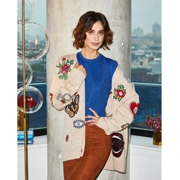 Alice + Olivia Bradford Embellished Grandpa Cardigan Butterfly Hamsa LOVE XS - Picture 3 of 16